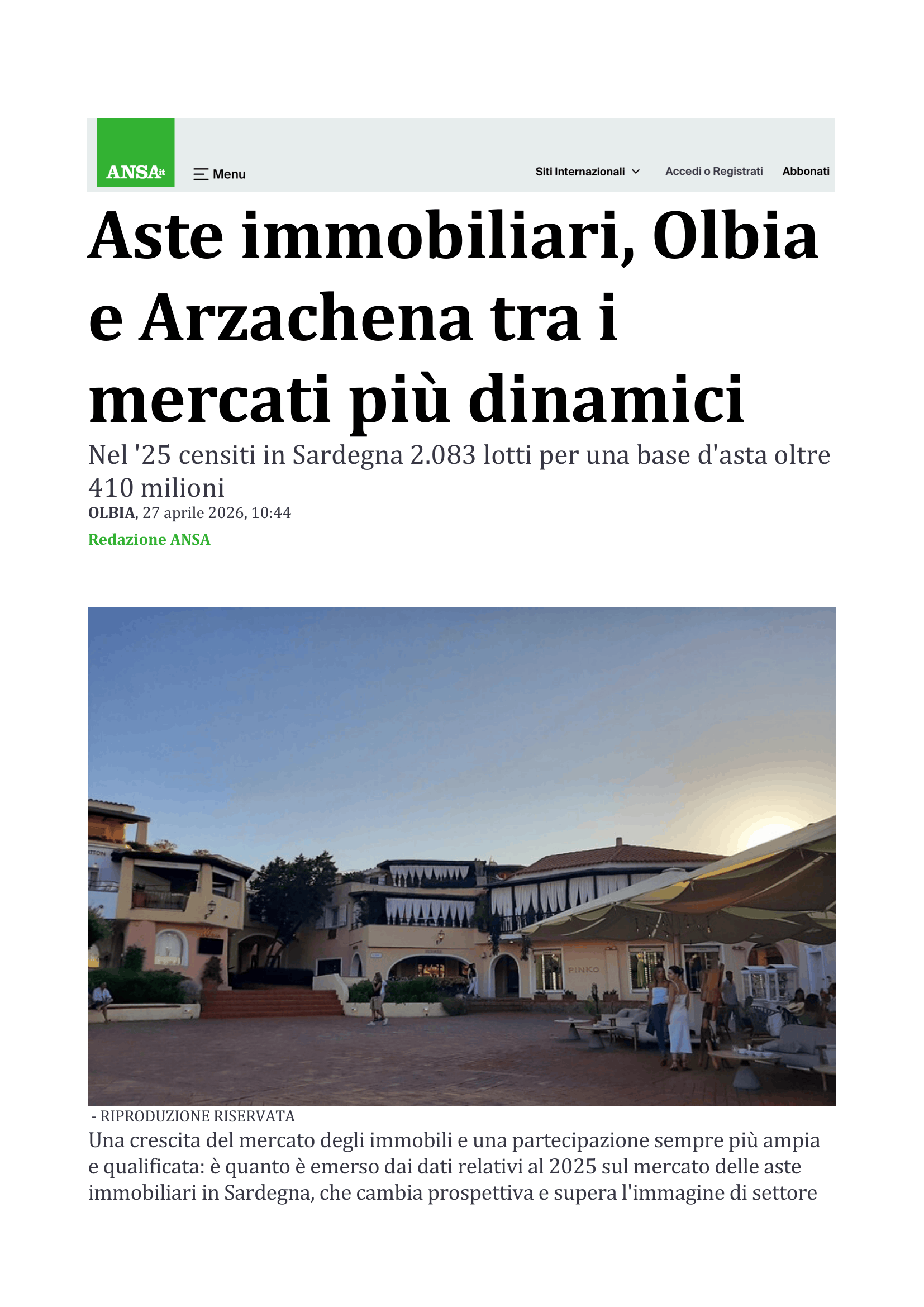 Il report regionale sulle aste immobiliari, elaborato da Lino Mura delle agenzie Brili e Brilas di Olbia, su consulenza di Mirko Frigerio. Ansa Sardegna