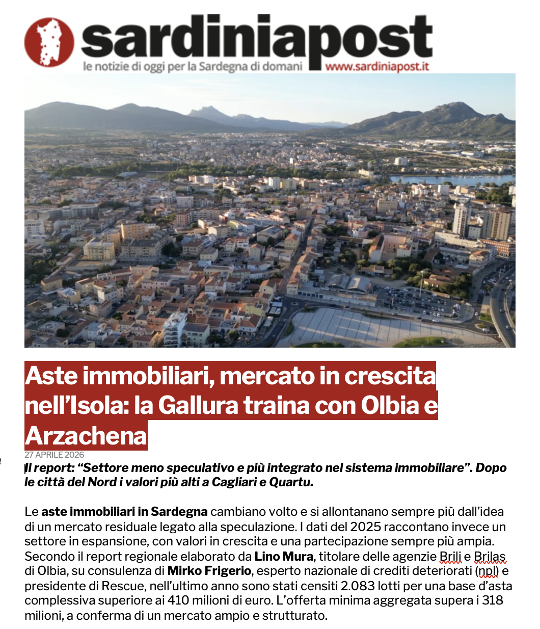 Il report Brili Brilas sulle aste immobiliari, su consulenza di Mirko Frigerio. SardiniaPost