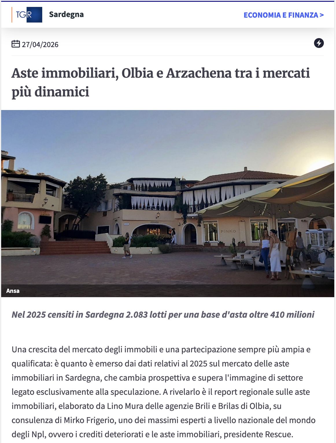 Aste immobiliari, emerge la Gallura. Il report regionale elaborato da Brili e Brilas. Rai News