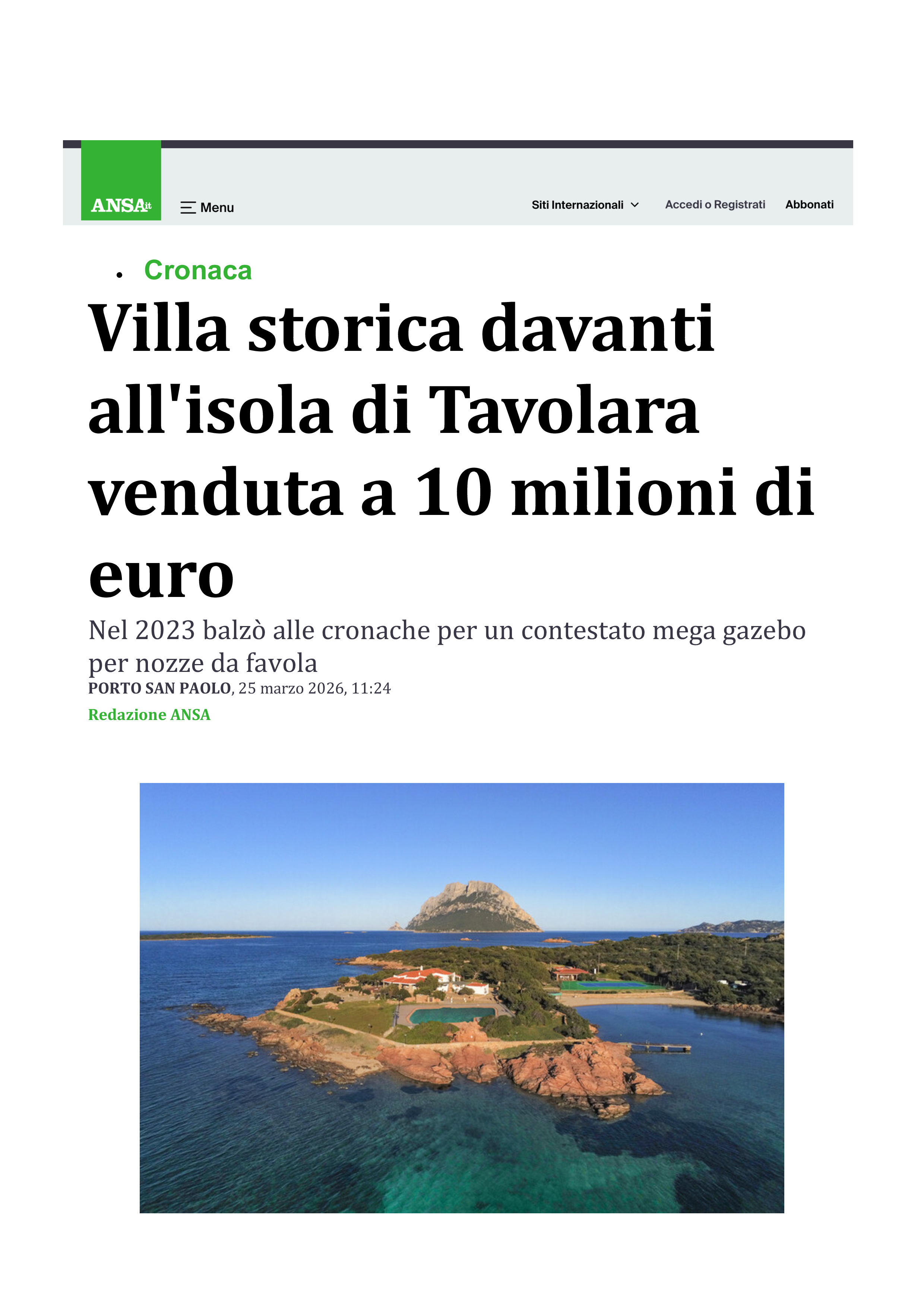 Brilas vende villa storica davanti all'isola di Tavolara a 10 milioni di euro - Ansa
