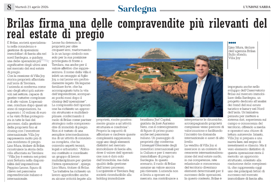 Brilas firma una delle compravendite più importanti del real estate di pregio - L'Unione Sarda